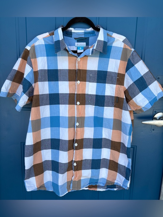 Columbia Other - Columbia Men’s Short Sleeve Plaid Button-Up - Blue, Brown & White